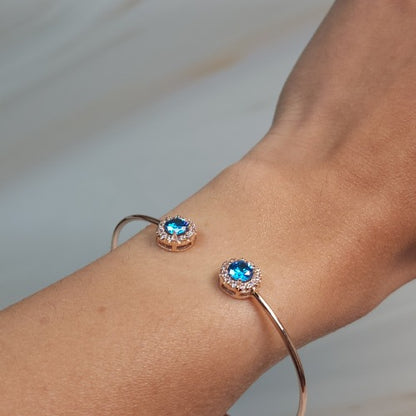 1 Ct Swiss Blue Topaz Halo Design Round Bangle Bracelet 14Kt Yellow Gold Rose Gold Silver