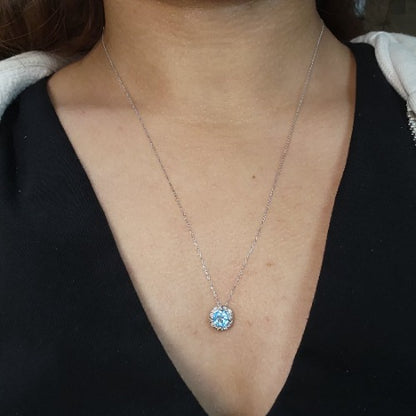 14Kt Gold 0.50 Ct Swiss Blue Topaz Halo Design Pendant Necklace