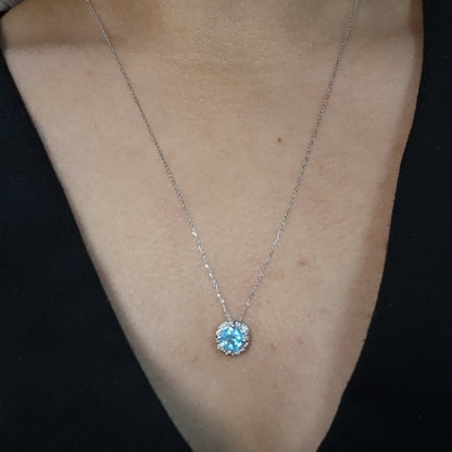 14Kt Gold 0.50 Ct Swiss Blue Topaz Halo Design Pendant Necklace