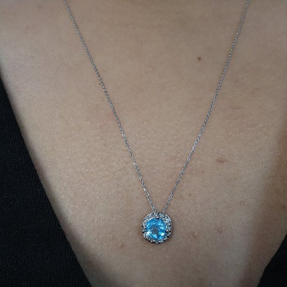 14Kt Gold 0.50 Ct Swiss Blue Topaz Halo Design Pendant Necklace