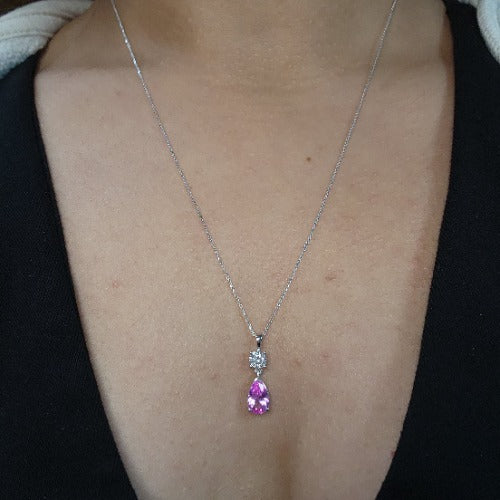 14Kt Gold Pink Sapphire Teardrop & Lab Grown Diamond Pendant