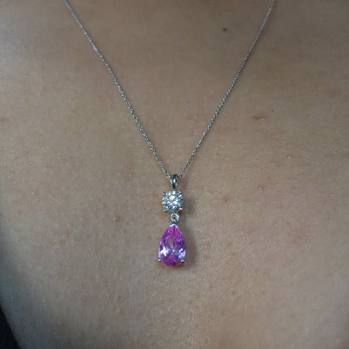 14Kt Gold Pink Sapphire Teardrop & Lab Grown Diamond Pendant