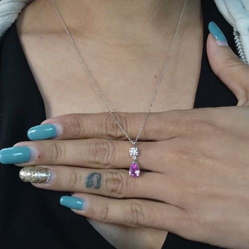 14Kt Gold Pink Sapphire Teardrop & Lab Grown Diamond Pendant
