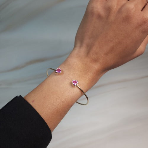 14Kt Gold Pink Sapphire Heart Bezel Bangle Bracelet