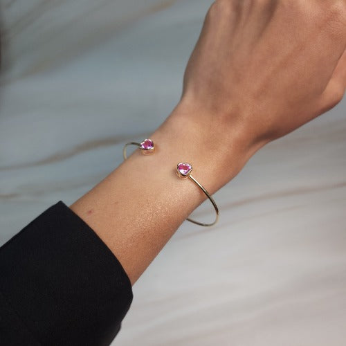 14Kt Gold Pink Sapphire Heart Bezel Bangle Bracelet