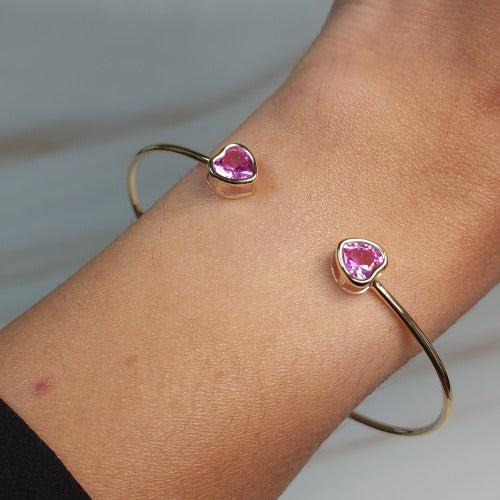 14Kt Gold Pink Sapphire Heart Bezel Bangle Bracelet