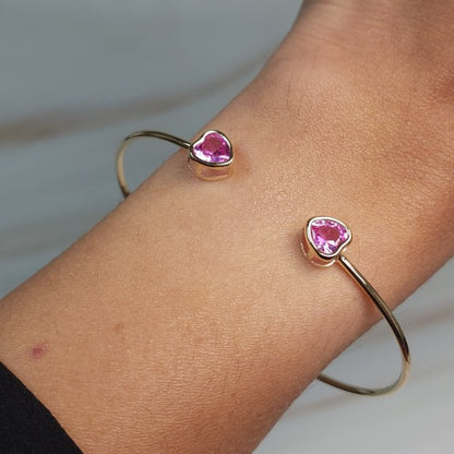 14Kt Gold Pink Sapphire Heart Bezel Bangle Bracelet