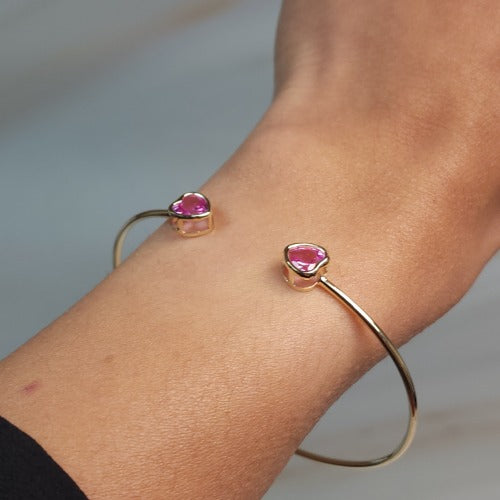 14Kt Gold Pink Sapphire Heart Bezel Bangle Bracelet