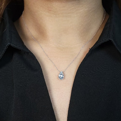 14Kt Gold Simulated Aquamarine Teardrop Necklace Pendant