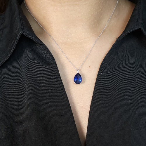 14Kt Gold Blue Sapphire Teardrop Pendant Necklace