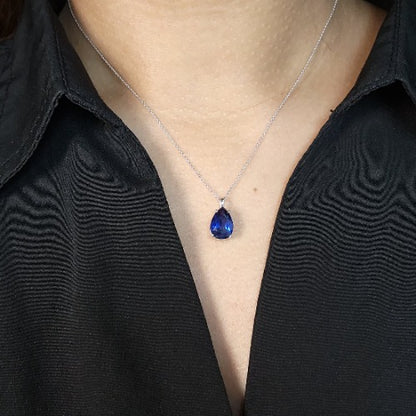 14Kt Gold Blue Sapphire Teardrop Pendant Necklace