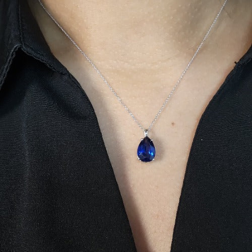 14Kt Gold Blue Sapphire Teardrop Pendant Necklace