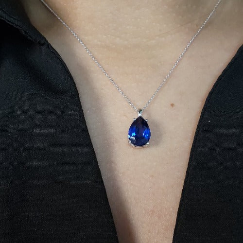 14Kt Gold Blue Sapphire Teardrop Pendant Necklace