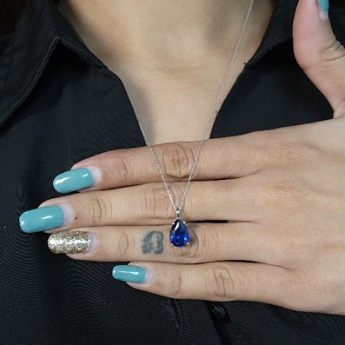 14Kt Gold Blue Sapphire Teardrop Pendant Necklace