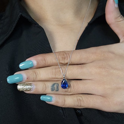 14Kt Gold Blue Sapphire Teardrop Pendant Necklace