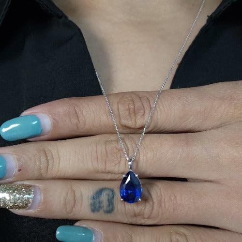 14Kt Gold Blue Sapphire Teardrop Pendant Necklace