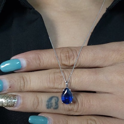 14Kt Gold Blue Sapphire Teardrop Pendant Necklace
