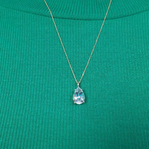 14Kt Gold Genuine Natural Aquamarine Teardrop Pendant Necklace