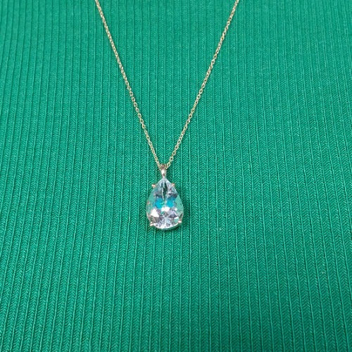 14Kt Gold Genuine Natural Aquamarine Teardrop Pendant Necklace