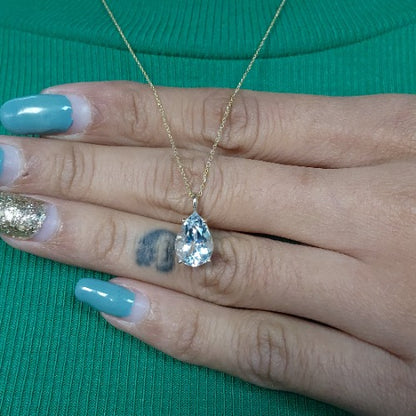 14Kt Gold Genuine Natural Aquamarine Teardrop Pendant Necklace