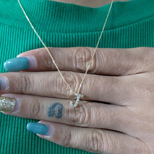 14Kt Gold Initial Letter Diamond Pendant Necklace