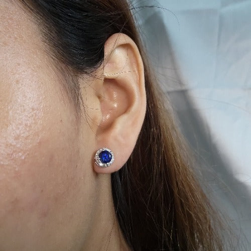 14Kt Gold 1 Ct Blue Sapphire Halo Design Stud Earrings