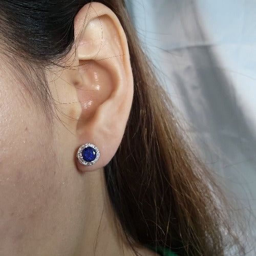 14Kt Gold 1 Ct Blue Sapphire Halo Design Stud Earrings