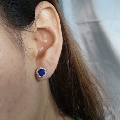 14Kt Gold 1 Ct Blue Sapphire Halo Design Stud Earrings