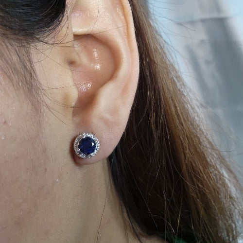 14Kt Gold 1 Ct Blue Sapphire Halo Design Stud Earrings
