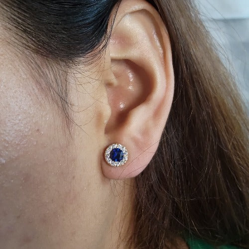 14Kt Gold 1 Ct Blue Sapphire Halo Design Stud Earrings