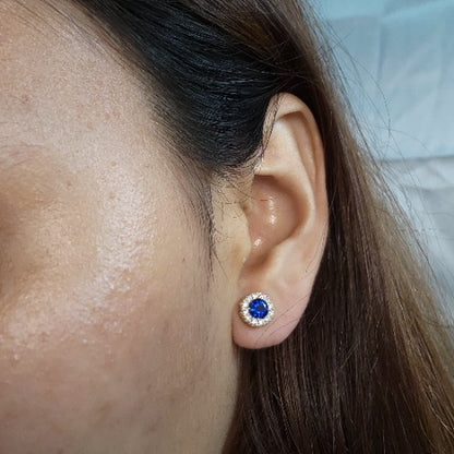 14Kt Gold 1 Ct Blue Sapphire Halo Design Stud Earrings