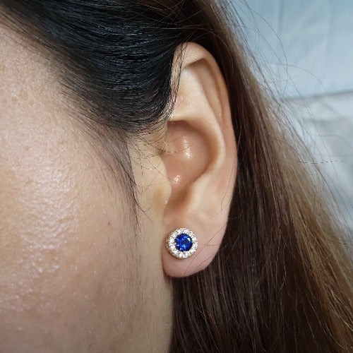 14Kt Gold 1 Ct Blue Sapphire Halo Design Stud Earrings