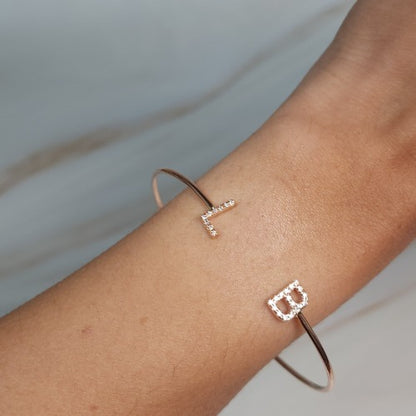 14Kt Gold Initial Letter Diamond Bangle Bracelet