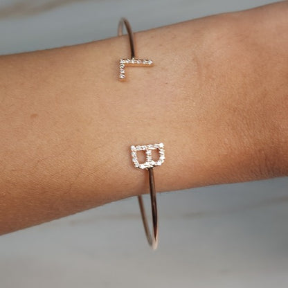 14Kt Gold Initial Letter Diamond Bangle Bracelet