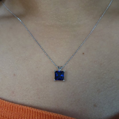 14Kt Gold Blue Sapphire Princess Cut Pendant Necklace