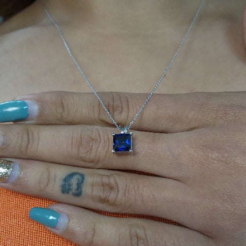 14Kt Gold Blue Sapphire Princess Cut Pendant Necklace