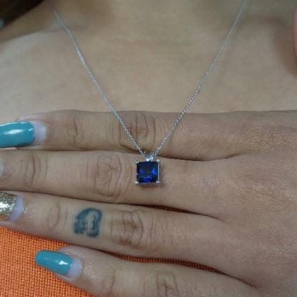 14Kt Gold Blue Sapphire Princess Cut Pendant Necklace