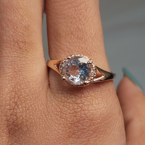 14Kt Gold 2 Ct Genuine Aquamarine & Diamond Halo Design Round Ring