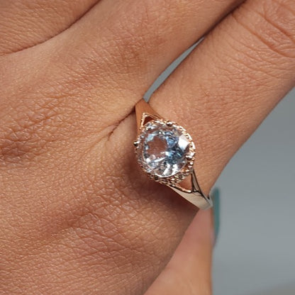 14Kt Gold 2 Ct Genuine Aquamarine & Diamond Halo Design Round Ring