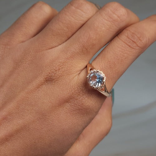 14Kt Gold 2 Ct Genuine Aquamarine & Diamond Halo Design Round Ring