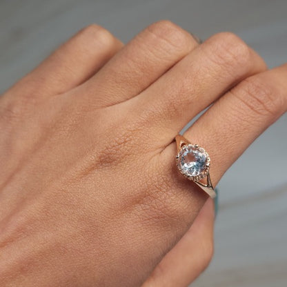 14Kt Gold 2 Ct Genuine Aquamarine & Diamond Halo Design Round Ring