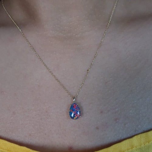 14Kt Gold Black Opal Teardrop Pendant Necklace