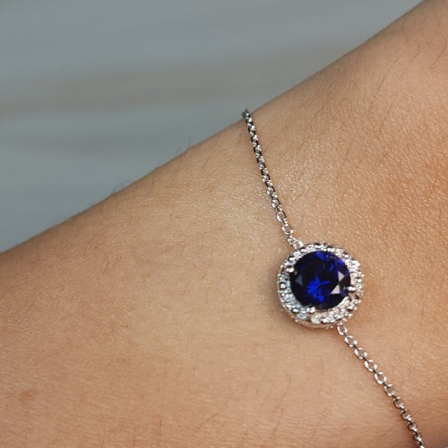14Kt Gold Blue Sapphire Halo Bracelet