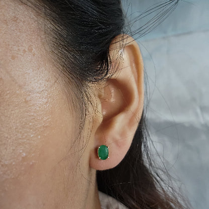 14Kt Gold Genuine Emerald Oval Stud Earrings