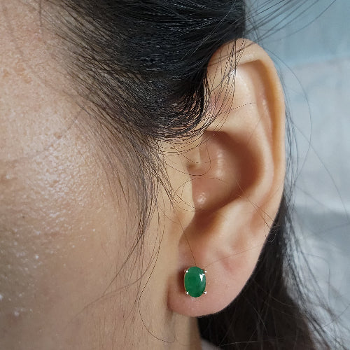 14Kt Gold Genuine Emerald Oval Stud Earrings