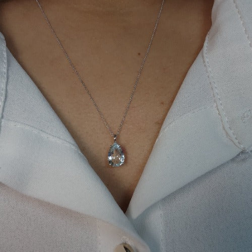 14Kt Gold Genuine Natural Aquamarine Teardrop Pendant Necklace