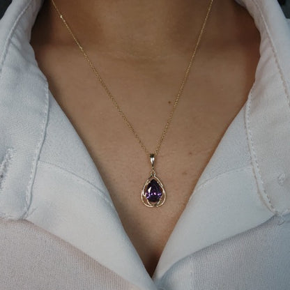 14Kt Gold 2 Ct Amethyst Pear Teardrop Design Pendant Necklace