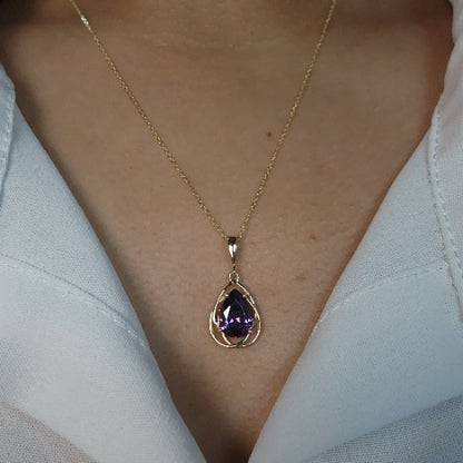 14Kt Gold 2 Ct Amethyst Pear Teardrop Design Pendant Necklace