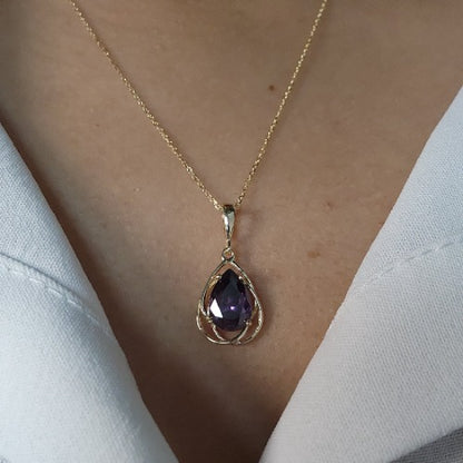 14Kt Gold 2 Ct Amethyst Pear Teardrop Design Pendant Necklace