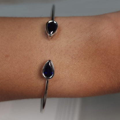 14Kt Gold Blue Sapphire Pear Bezel Bangle Bracelet